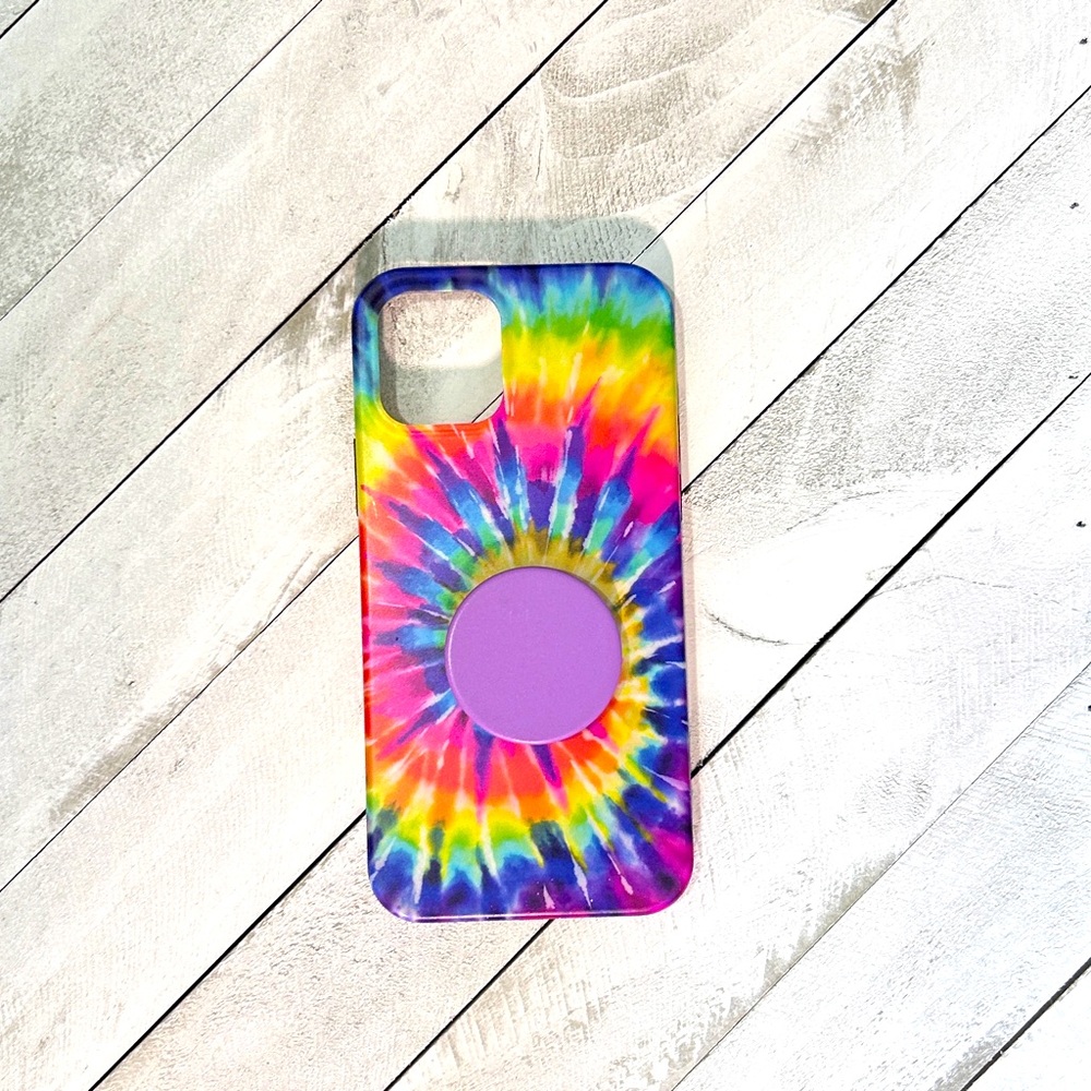 iPhone 12pro case Tie Dye Rainbow swirl with Popsocket in Colorblock Lavender